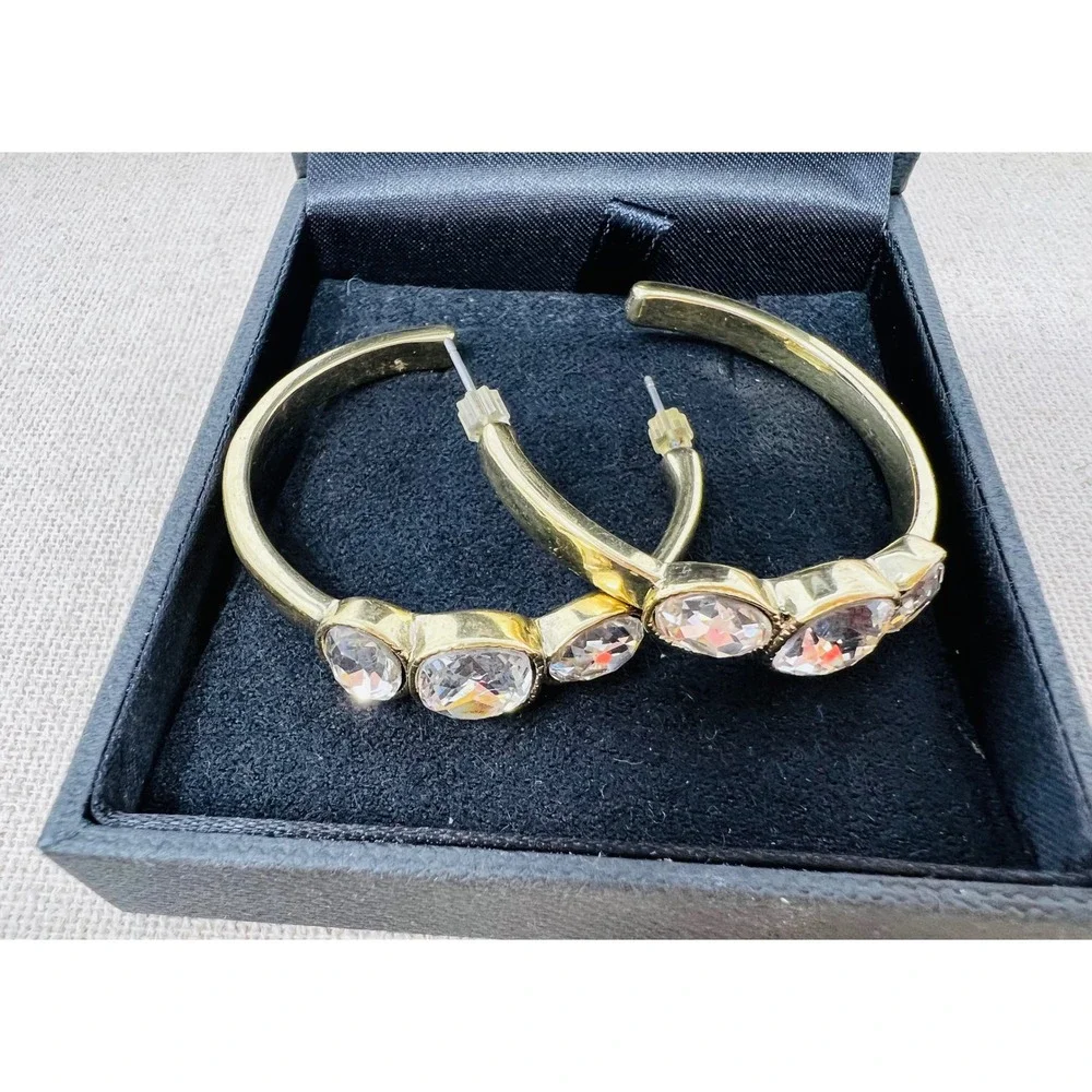 Heidi Daus Gold Tone Clear Crystal Triple Stone Hoop Earrings Pierced C-Hoops